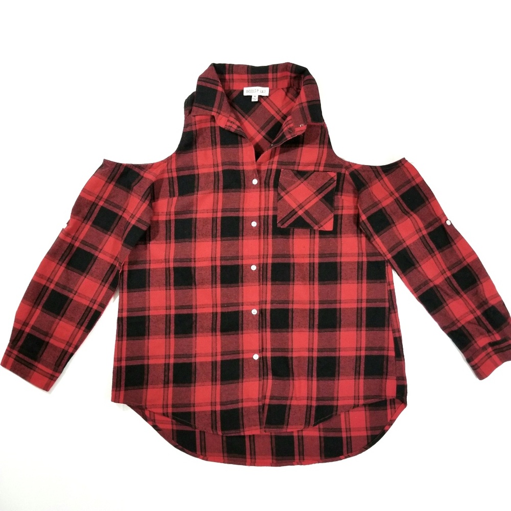 Buffalo Plaid Cold Shoulder Flannel Shirt